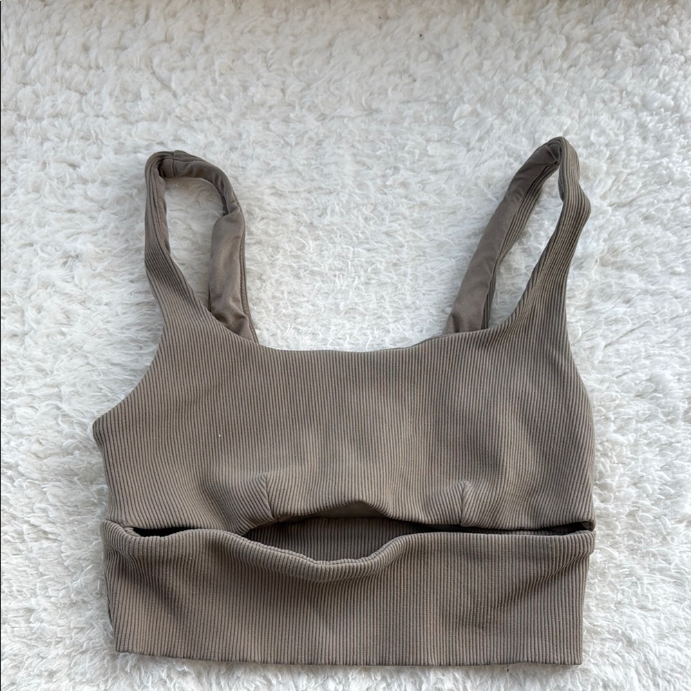 ALO Yoga Ribbed Tan Sports Bra with Cutout